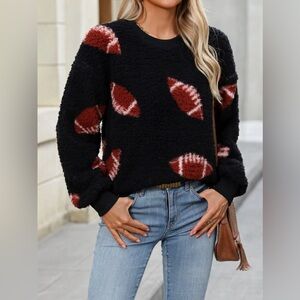 Fuzzy Football Round Neck Dropped Shoulder Sweater
